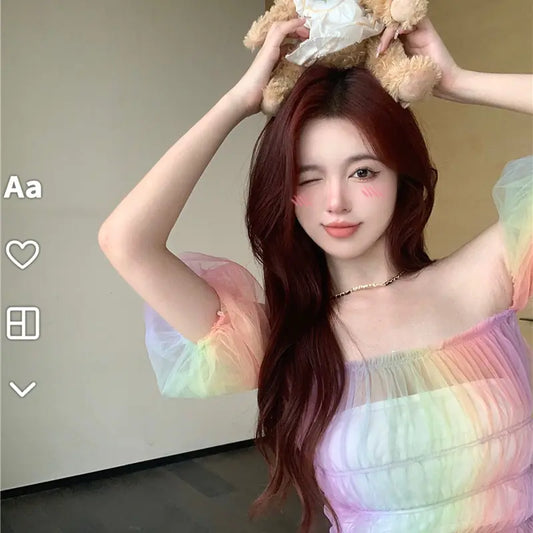 Rainbow Puff Sleeve Sheer Top with Mesh Design