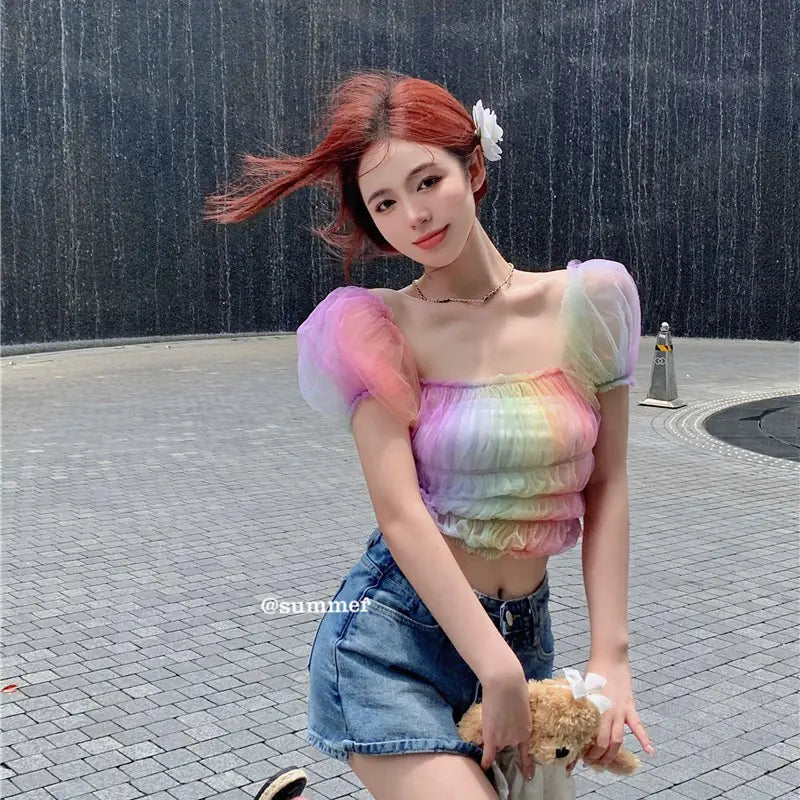 Rainbow Puff Sleeve Sheer Top with Mesh Design