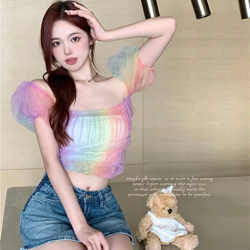 Rainbow Puff Sleeve Sheer Top with Mesh Design