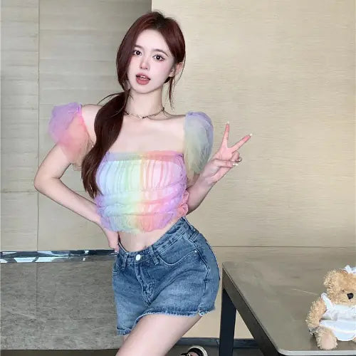 Rainbow Puff Sleeve Sheer Top with Mesh Design