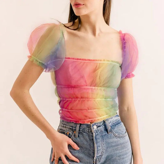 Rainbow Puff Sleeve Sheer Top with Mesh Design